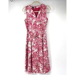 Talbots Linen Summer Dress 6 Pink Floral Sleeveless Fit Flare